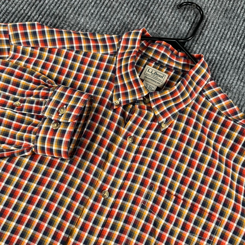 LL Bean Shirt Mens XL Extra Large Orange Plaid Long Sleeve Button Down Tradition